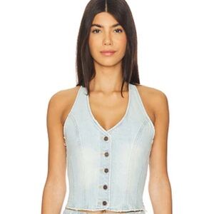 One Teaspoon Light Blue Denim Halter Button Crop Top